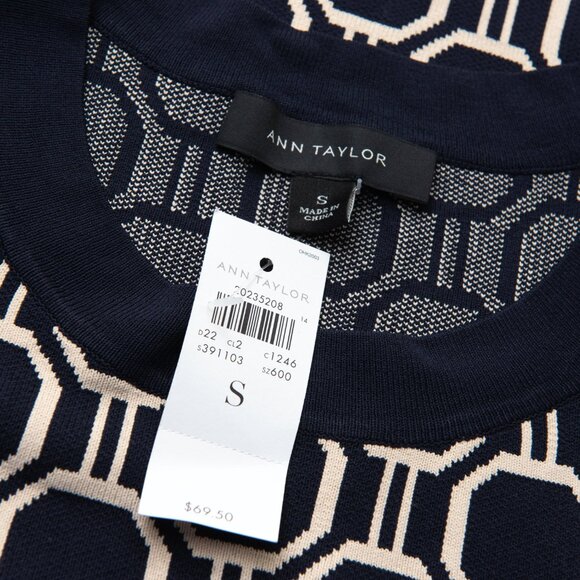Ann Taylor Ann Cardigan + Shell Geometric Sweater Set Tan Navy Blue Size XS New - Picture 5 of 11